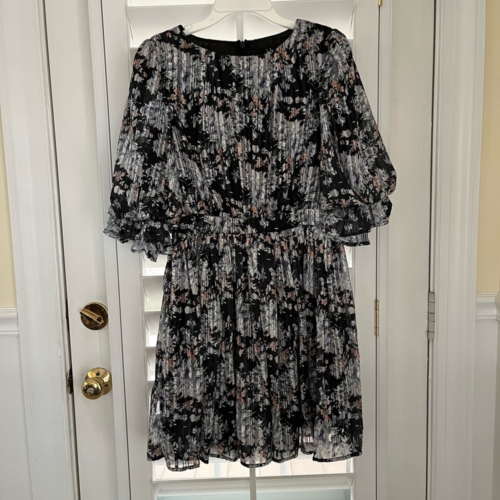 Lulu's Elegant Black and Pink Floral Mid-Sleeve Dress